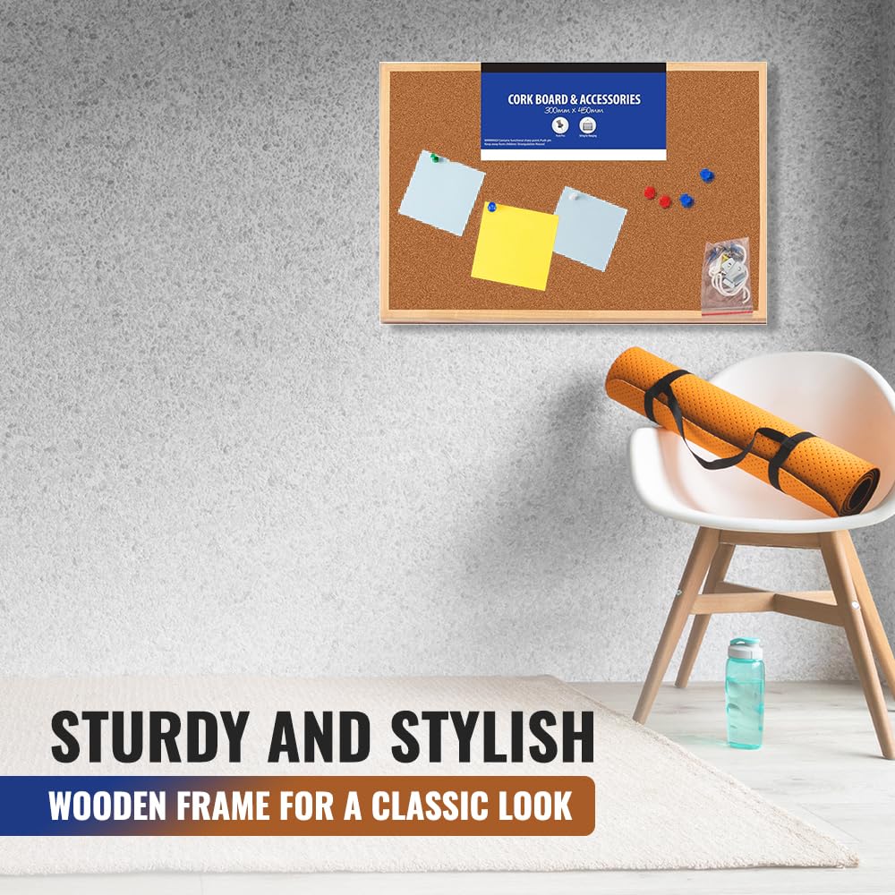 45x30cm Cork Board | Pin Notice |Office Memo School with Push Pins Board | Wooden Natural Frame Board