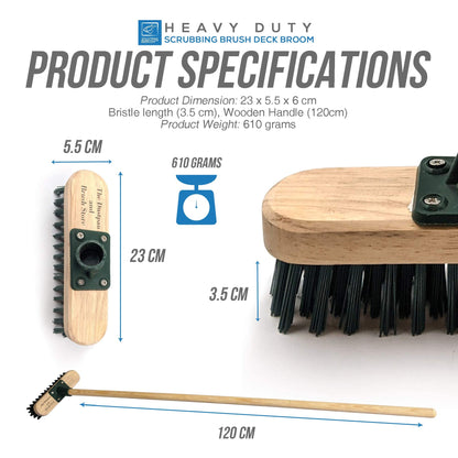 9" Stiff Heavy Duty Long Handled Scrubbing Brush Deck Broom with Wooden Handle PVC Bristles