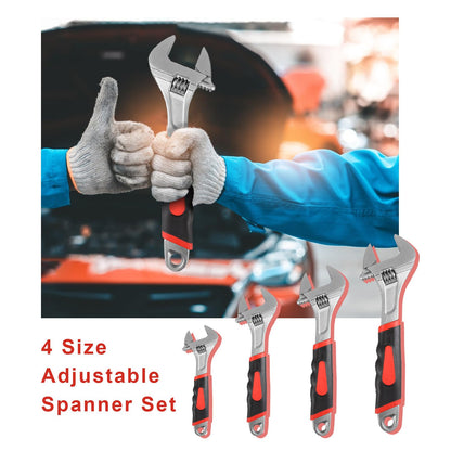 AHAQU 4PCS Adjustable Spanner Set, 4 Sizes Heavy Duty Adjustable Wrench Set Include 6in/8in/10in/12in, Metric & SAE Carbon Steel Shifter Spanners with Soft Grip Handle for Maintenance Repair