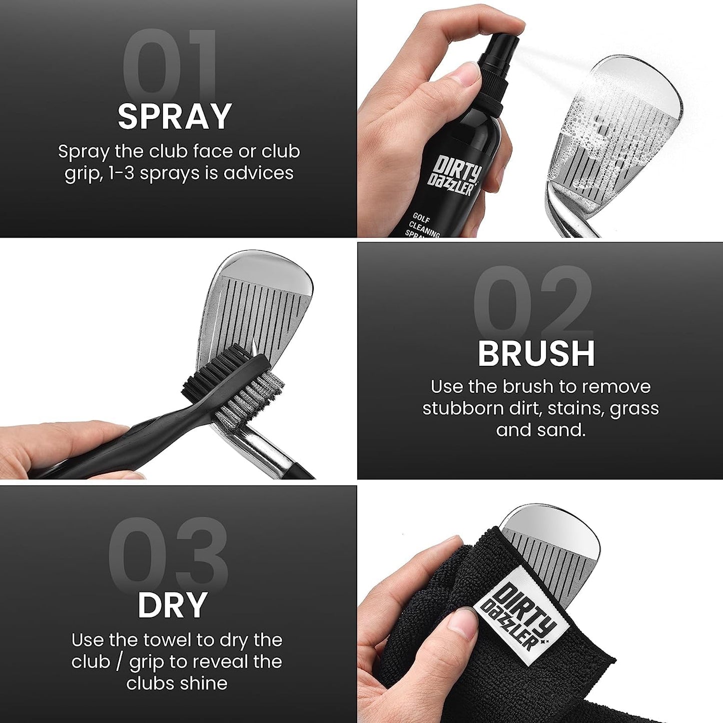 - Dirty Dazzler Golf Club Cleaning Kit | Includes a Groove Cleaner Tool | Golf Club Cleaner Brush, Towel and Golf Club Cleaner Spray -
