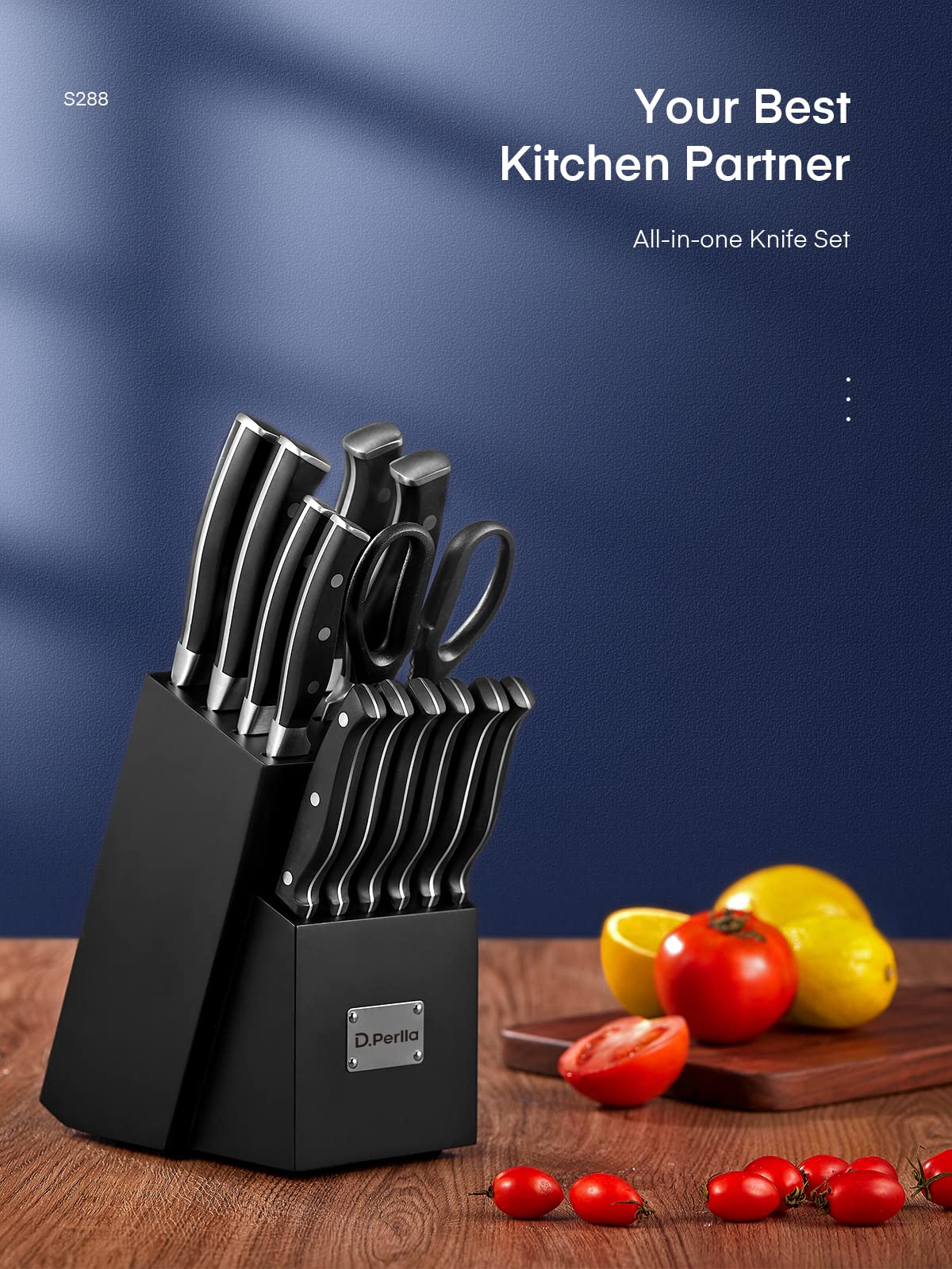D.Perlla Knife Set, 14 Pieces Kitchen Knives Set with Self Sharpening Wooden Block, German Stainless Steel Knife Block Set with Steak Knives, Black