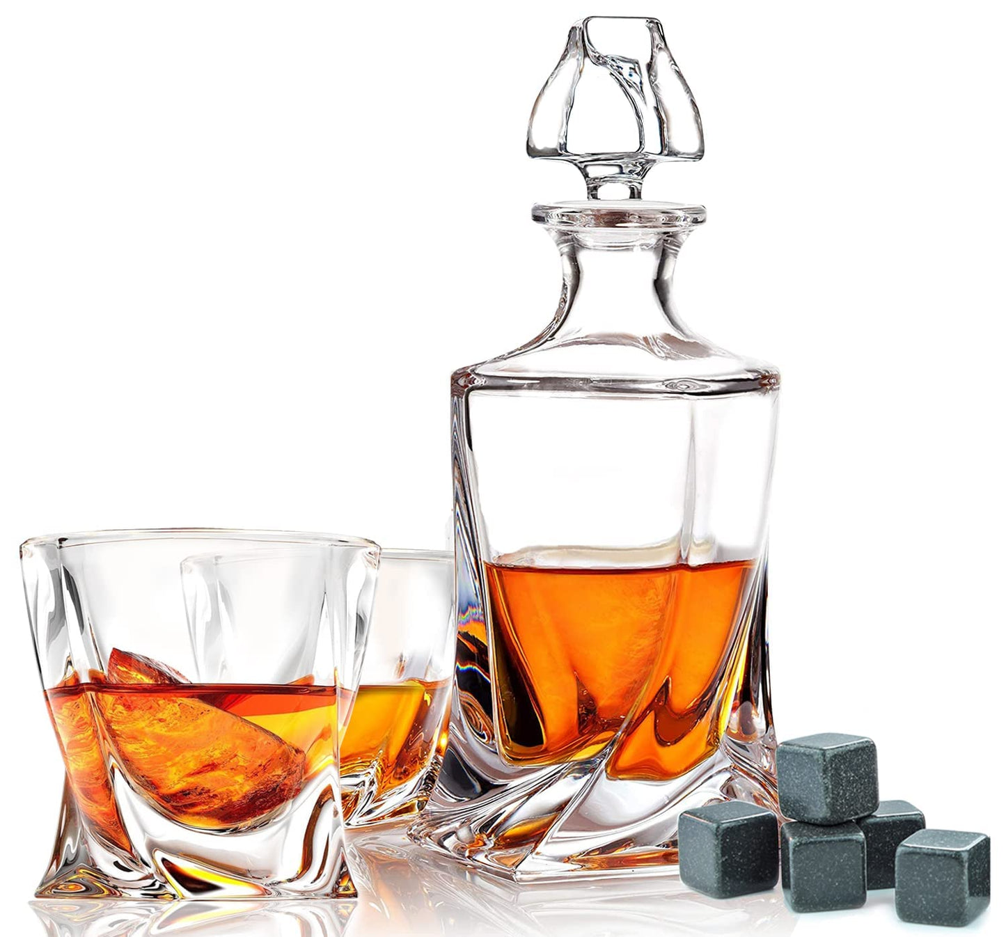 - FLOW Barware Deluxe Whiskey Decanter and Glass Set | Twist Design Decanter Set & 2 Whiskey Glasses with 6 Granite Whiskey Stones | Whisky Decanter Gift Set -