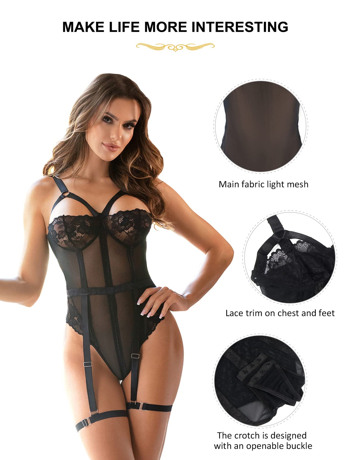 comeondear Sexy Lingerie Set with Wide Garter Belt for Women Mesh Teddy Bodysuit Suspenders Lingerie Set with Thigh Cuffs Black 12 14