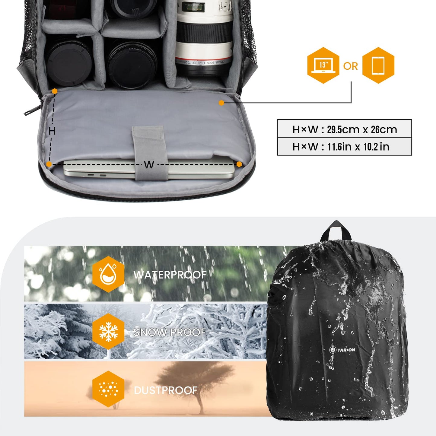 - TARION Camera Backpack | Waterproof Case |  Rain Cover | DSLR SLR Camera, Lens, Flash |  Black -