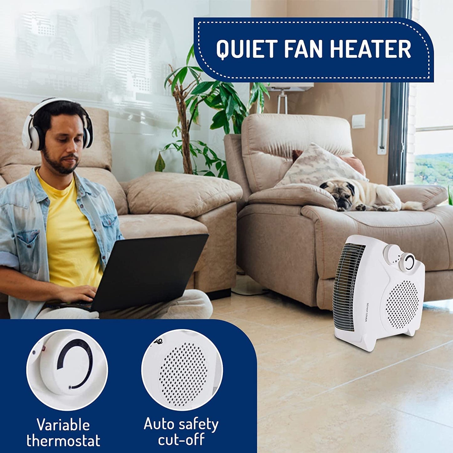 CUQOO Powerful 2KW Fan Heater with 2 Heat settings & Cool Function – Upright Electric Quiet Space Heater for Home with Variable Thermostat | Low Energy Usage |Perfect Electric Room Heater