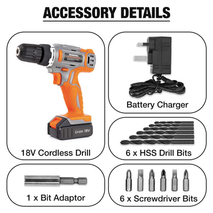 - Terratek Cordless Drill Driver 18V Lithium-Ion | 13Pc Electric Screwdriver Set -