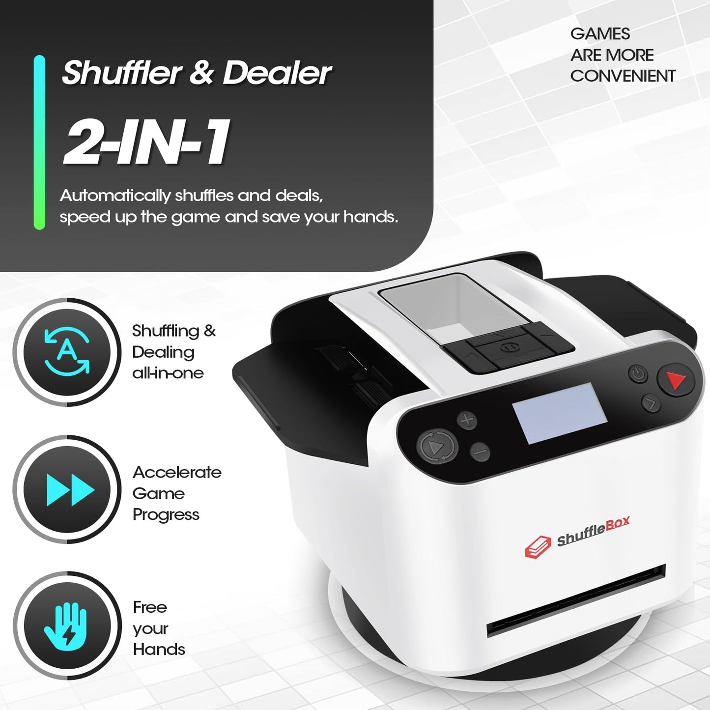 - ShuffleBox G1 Pro Automatic Card Shuffler and Dealer | 2-in-1 | Ultra Quiet | Rechargeable | White -