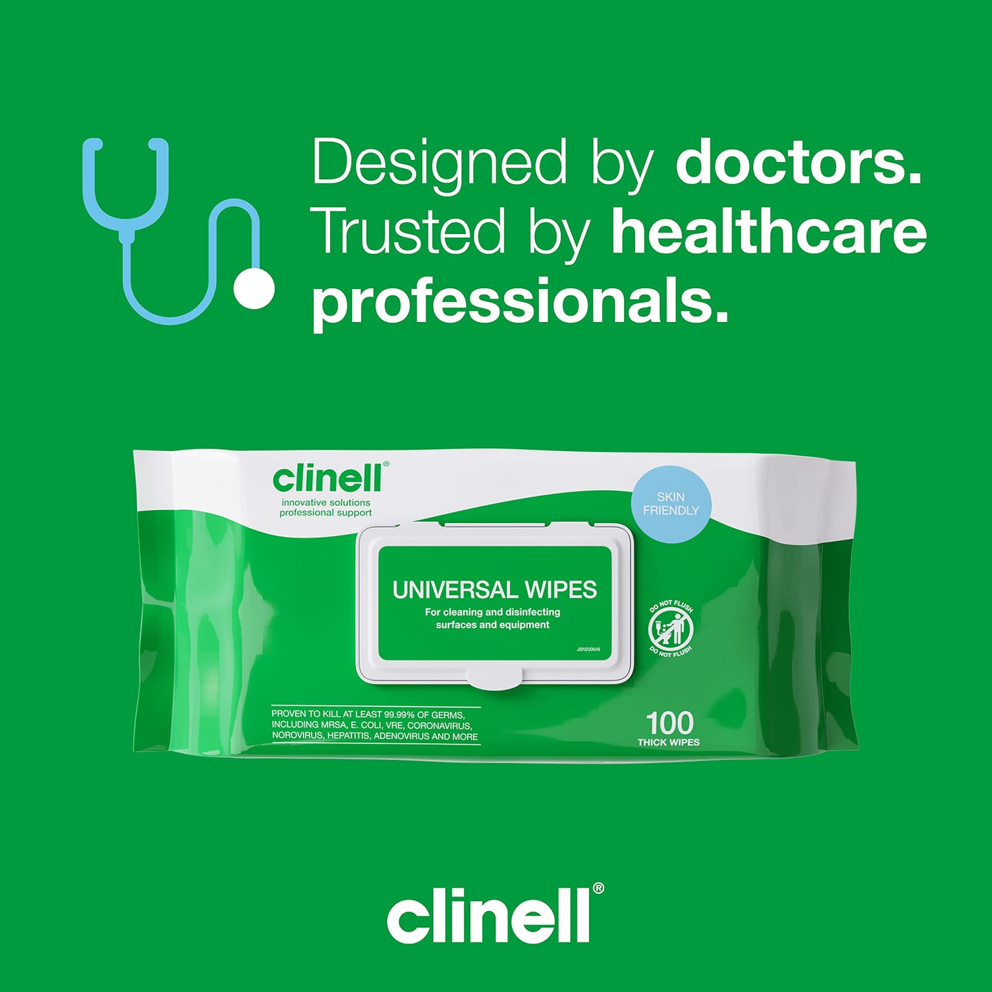 Clinell Universal Cleaning and Disinfectant Wipes for Surfaces - Pack of 100 Thick Wipes - Multi Purpose Wipes, Kills 99.99% of Germs, Quick Action - 255mm x 175mm