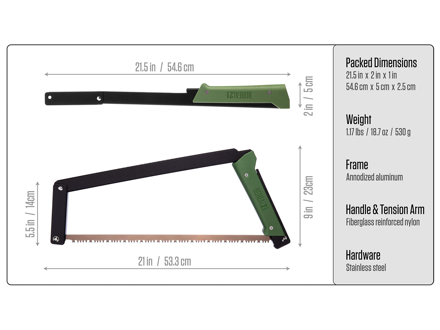 Agawa Canyon BOREAL21 Tripper KIT- 21 inch Folding Bow Saw, Rugged Cordura Sheath, Additional Aggressive Blade (Black Frame- Green Handle)