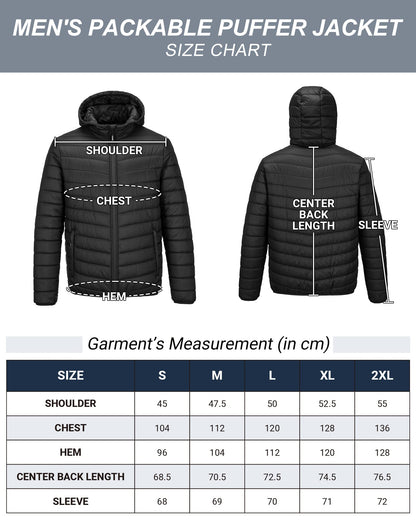 33,000ft Lightweight Waterproof Puffer Jacket Men's Packable Insulated Winter Jacket with Hood Windproof Mens Quilted Coat for Hiking, Travelling Black L