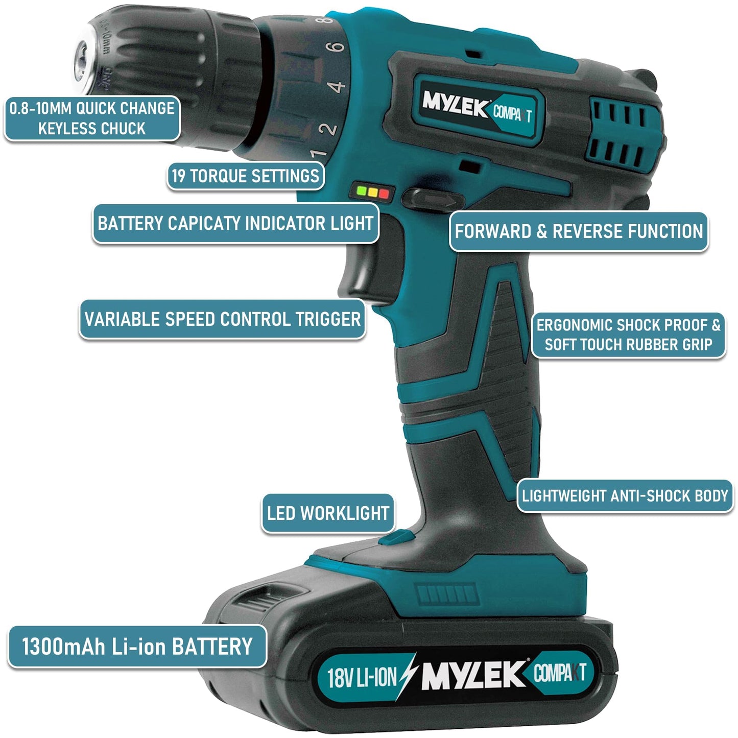 - MYLEK 18V Cordless Drill | Lithium Ion Drills Driver Screwdriver Set -