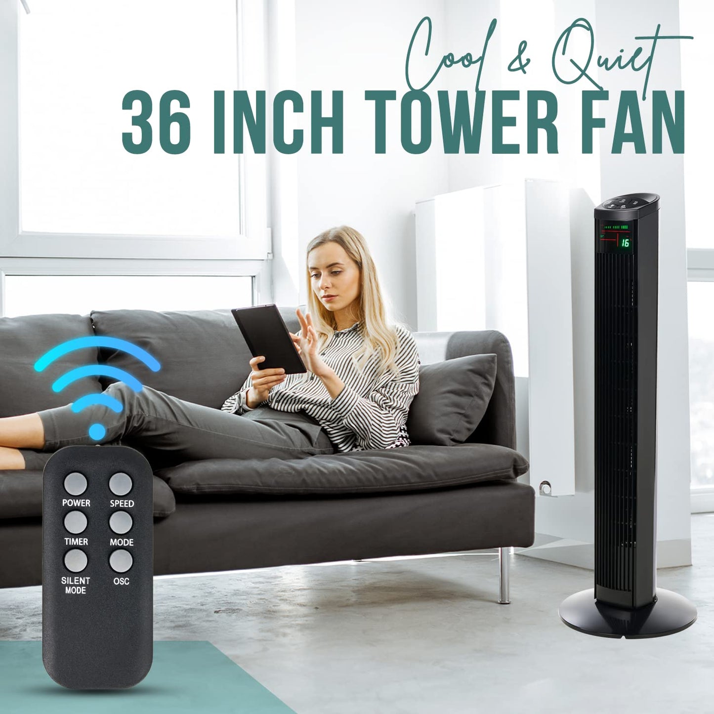 - SA Products 36” Tower Fan | Oscillating Stand Fan With 3 Wind Speeds | 3 Modes | Remote Control, LED Display | Timer Function | Black -