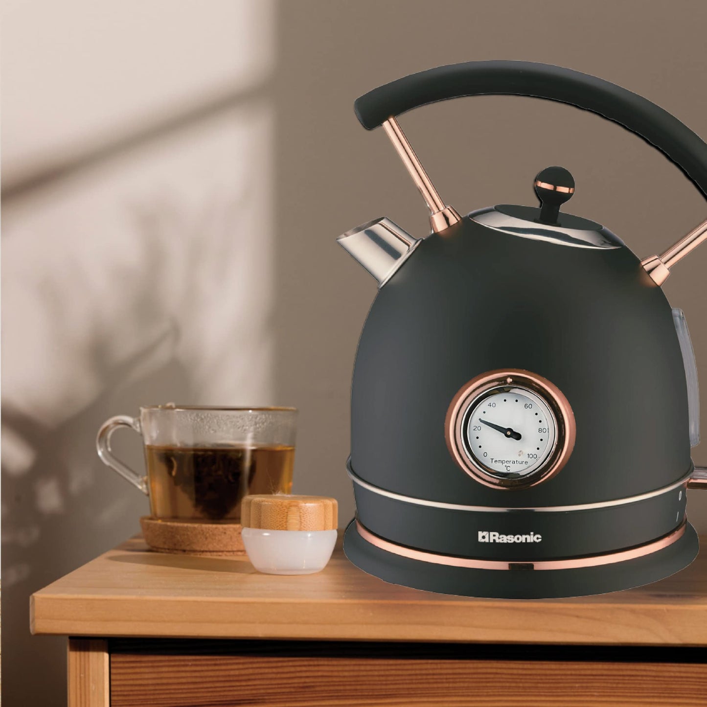 - Rasonic Classic Retro Electric Kettle | 1.8L | Stainless Steel | 3KW Fast Quiet Boiling | Matt Finish Black and Rose Gold -