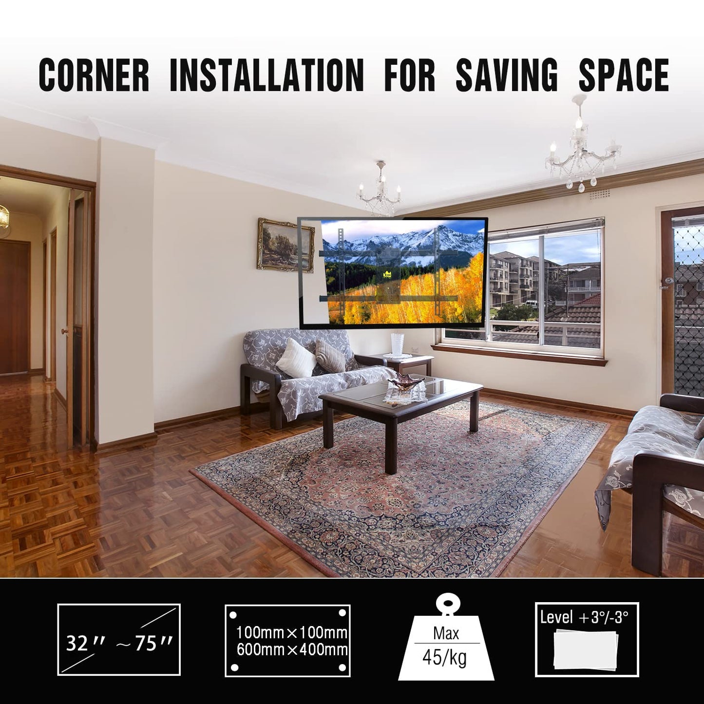 - FORGING MOUNT Long Reach TV Wall Bracket Corner TV Bracket Wall Mount for 32"-75" TVs 84cm of Smooth Extension Plus Swivel Tilt Full Motion Adjustable TV Mounting Bracket holds 45kg Max VESA 600X400mm -