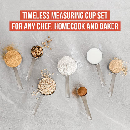 Chef Pomodoro Stainless Steel Measuring Cups, 7-Piece Set, Sturdy Long Handles, Nesting and Stackable, Metal Kitchen Spoons for Wet and Dry Ingredients