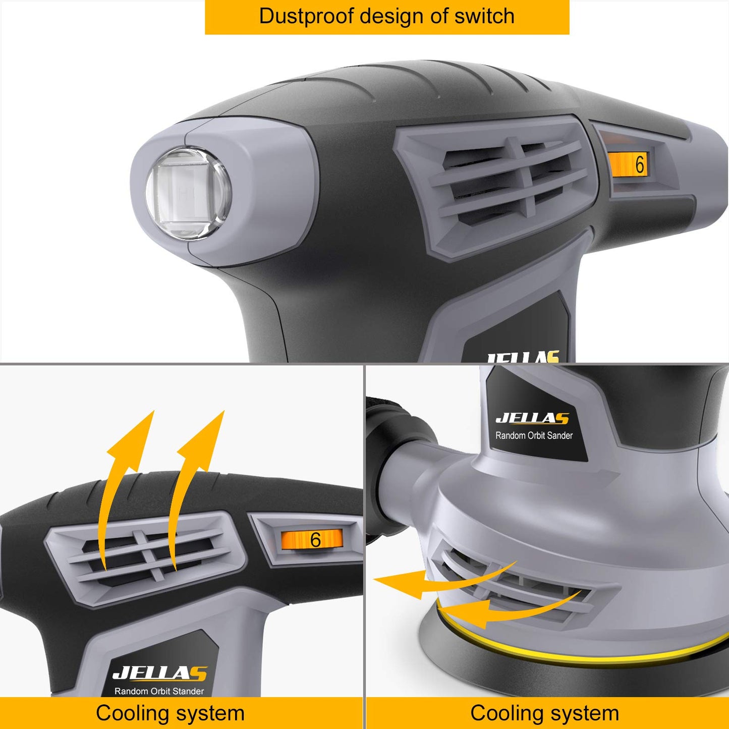 - Orbital Sander | 125MM 13000RPM | 6 Variable Speed Orbit Sander -