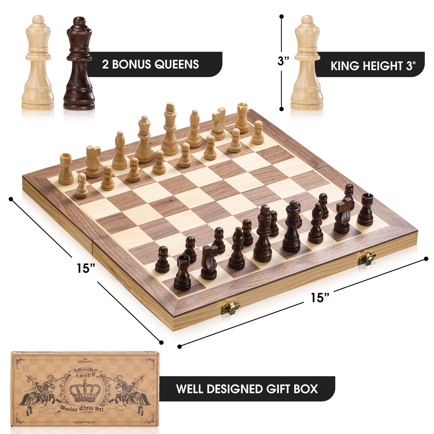 ASNEY Upgraded Magnetic Chess Set, 15” Tournament Staunton Wooden Chess Board Game Set with Crafted Chesspiece & Storage Slots for Kids Adult, Includes Extra Kings Queens & Carry Bag, 2 Players