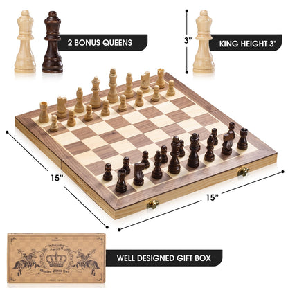 ASNEY Upgraded Magnetic Chess Set, 15” Tournament Staunton Wooden Chess Board Game Set with Crafted Chesspiece & Storage Slots for Kids Adult, Includes Extra Kings Queens & Carry Bag, 2 Players