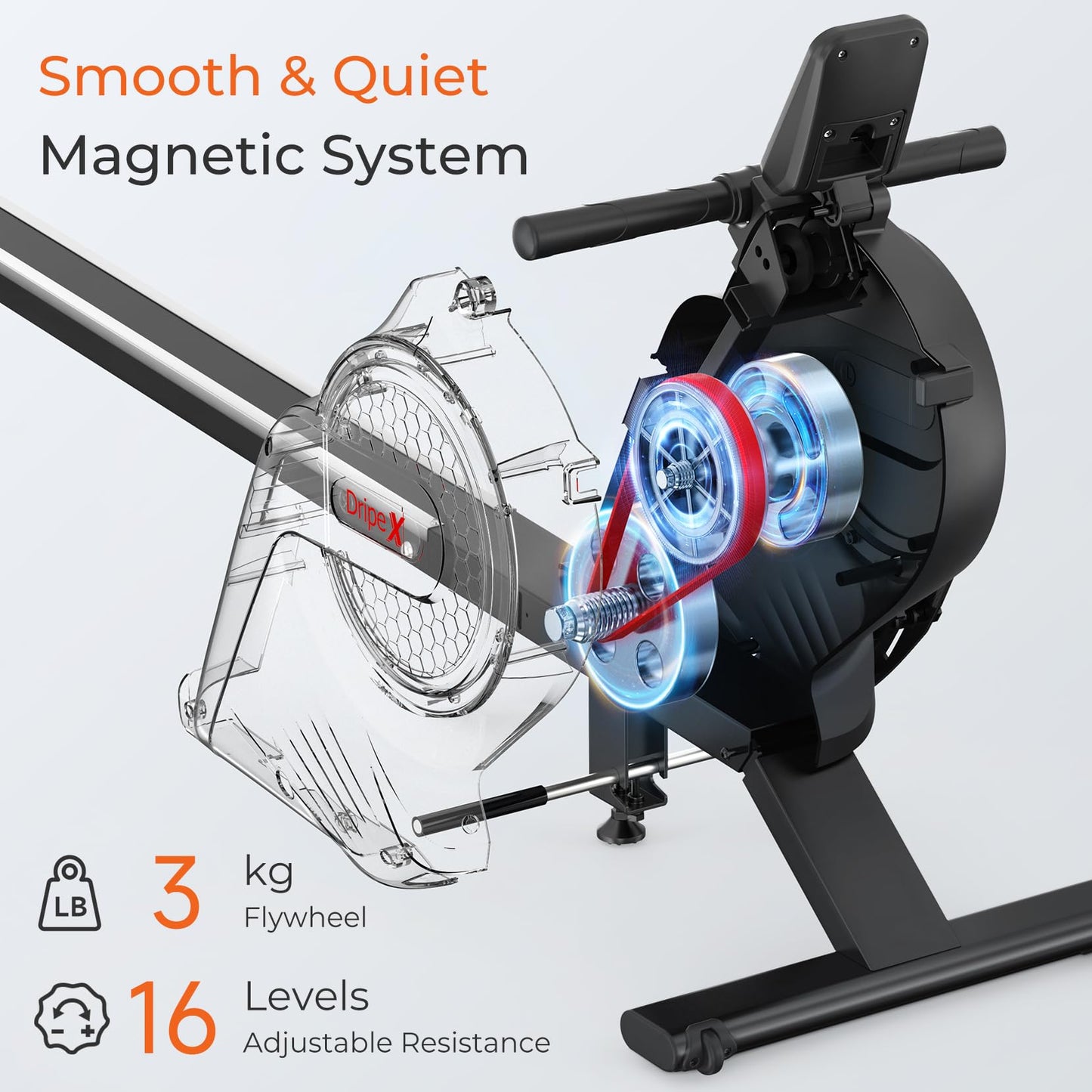 - Dripex Magnetic Rowing Machine with Aluminum Slide Rail | 16 Levels of Adjustable Resistance | Max Weight Capacity 265 Lbs for Home Gym | LCD App/Monitor -