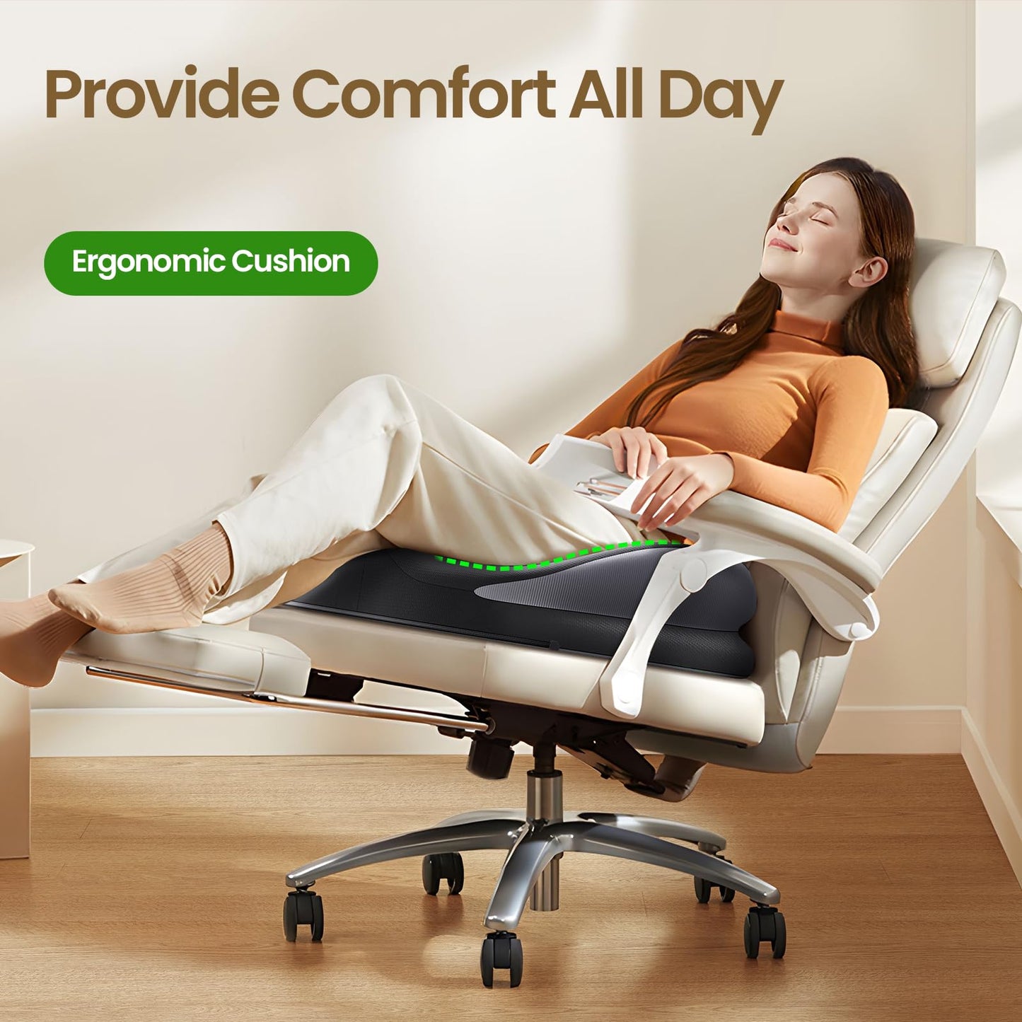 Benazcap Large Seat Cushion for Office Chair Memory Foam Coccyx Pain Relief Cushion Pillow for Office Desk, Car Seat, Wheelchair, Sciatica