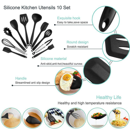- 10-Piece Silicone Kitchen Utensil Set - Non-Stick, Heat Resistant Cooking Utensils Set of Spatula, Turner, Spoons, Tong, Oil Brush and Whisk (Black)