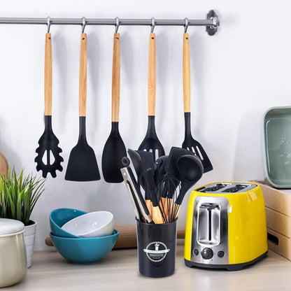 12 - Piece Silicone Cooking Utensils Set with Wooden Handle, Dishwasher Safe, Heat Resistant, Nonstick Cookware Tongs Spatula Spoon Set, Best Kitchen Tools (Black)