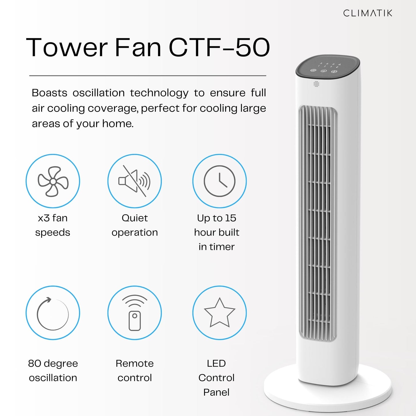 Climatik 32-Inch Tower Fan Quiet Cooling Oscillating Standing Fan with Remote Control, 3 Speed Settings & Night Mode, 15 Hour Timer Energy Efficient Ideal for Home, Office, Bedroom, Living Room