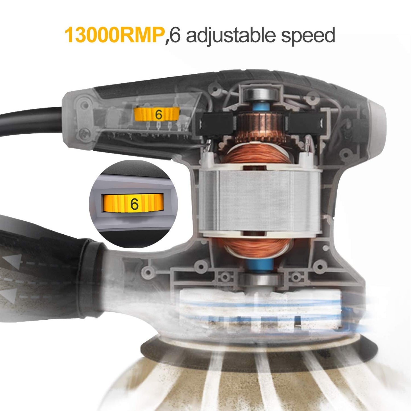 - Orbital Sander | 125MM 13000RPM | 6 Variable Speed Orbit Sander -
