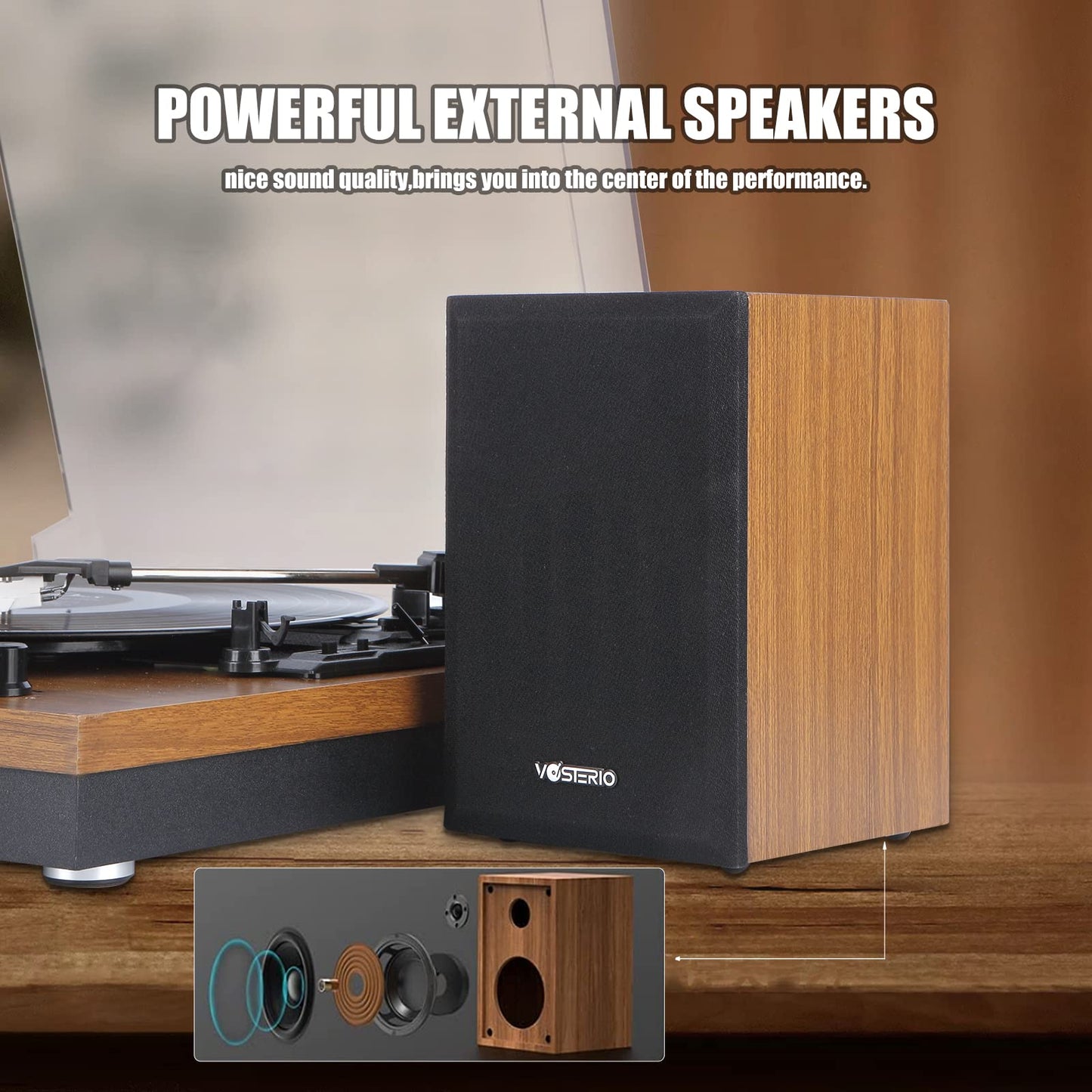 - Vosterio Bluetooth Record Player, 3-Speed Belt-Driven Turntable with Bluetooth Input& Output