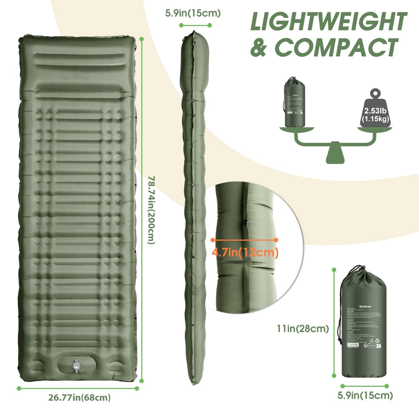 Arlierss Inflating Camping Mat, Ultralight Sleeping Pad with Pillow 12cm Waterproof Self Inflating Mattress Built-in Pump for Outdoor Backpacking Hiking Travelling
