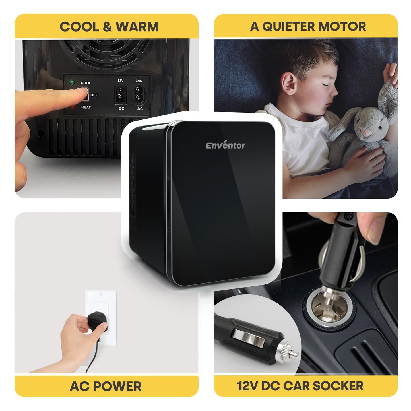 - Enventor Mini Fridge 4 Litre | 6 Can Mini Fridges for Bedrooms | AC+12V DC Power Cooler & Warmer -