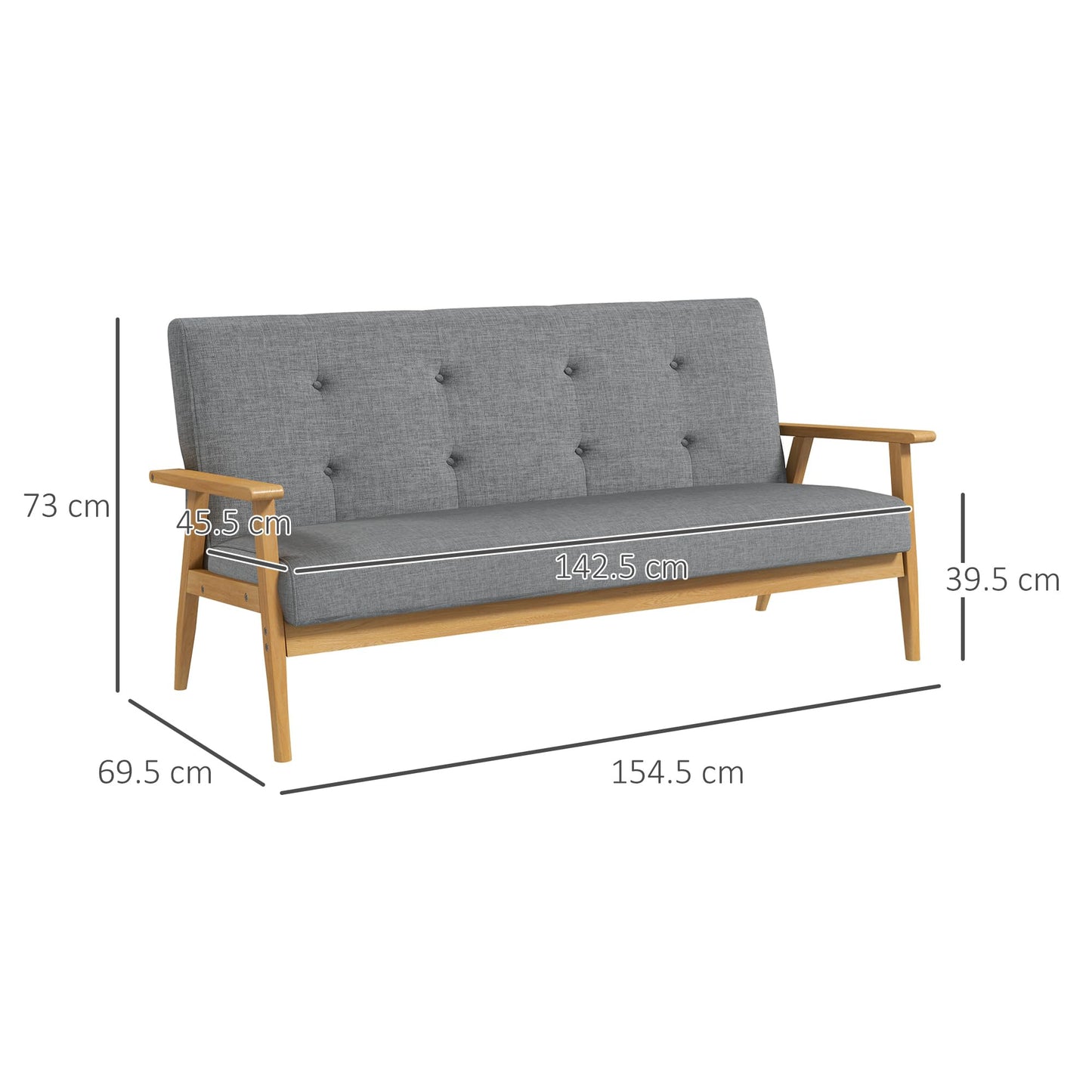 - HOMCOM Modern 3 Seater Sofa | Linen Fabric Upholstery Tufted Couch | Rubberwood Legs Dark -