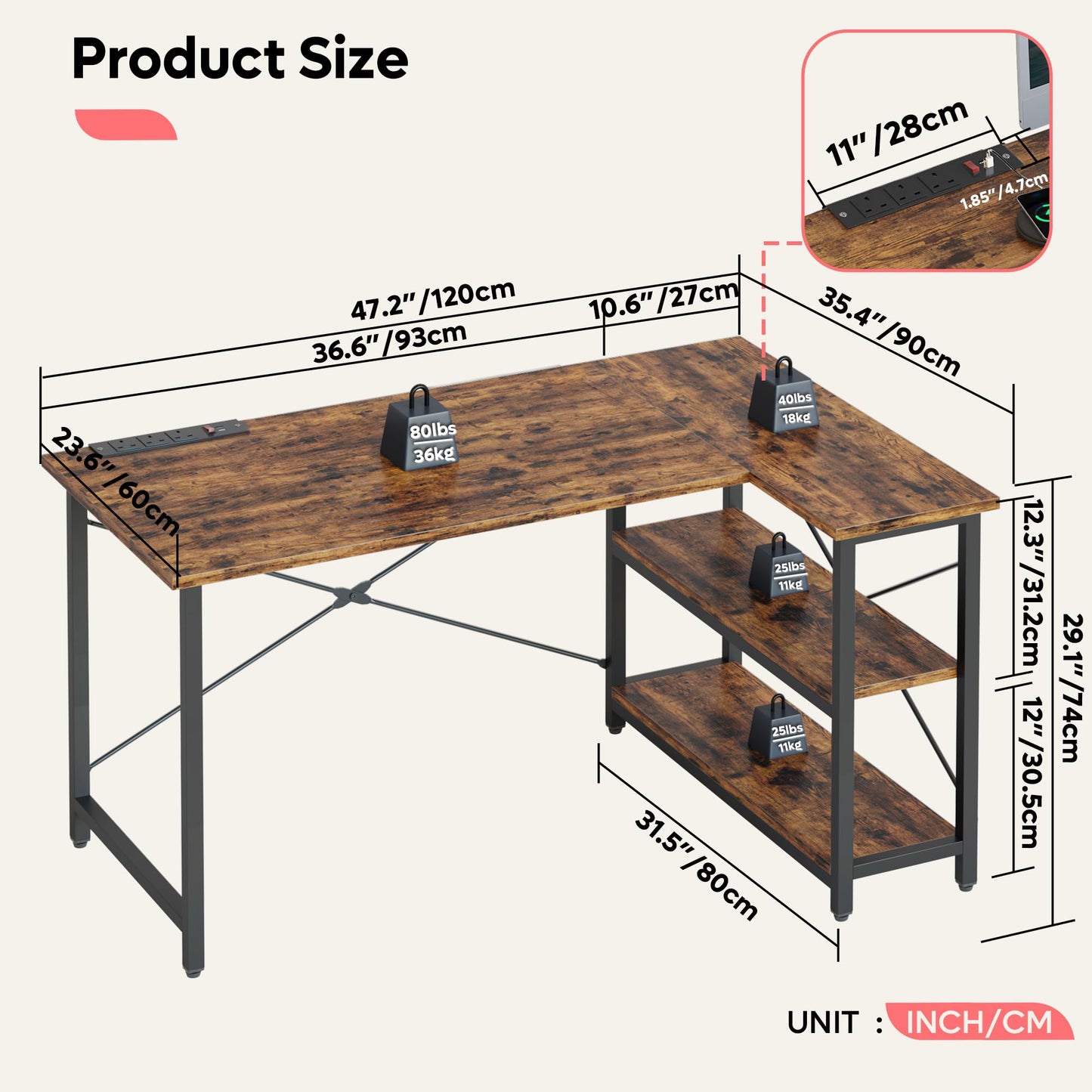 Bestier 120 x 90CM Wider Desktop L Shaped Desk with Power Outlets Small Corner Desk with Shelves Reversible Computer Desk Writing Table with Bookshelf for Home Office Small Space