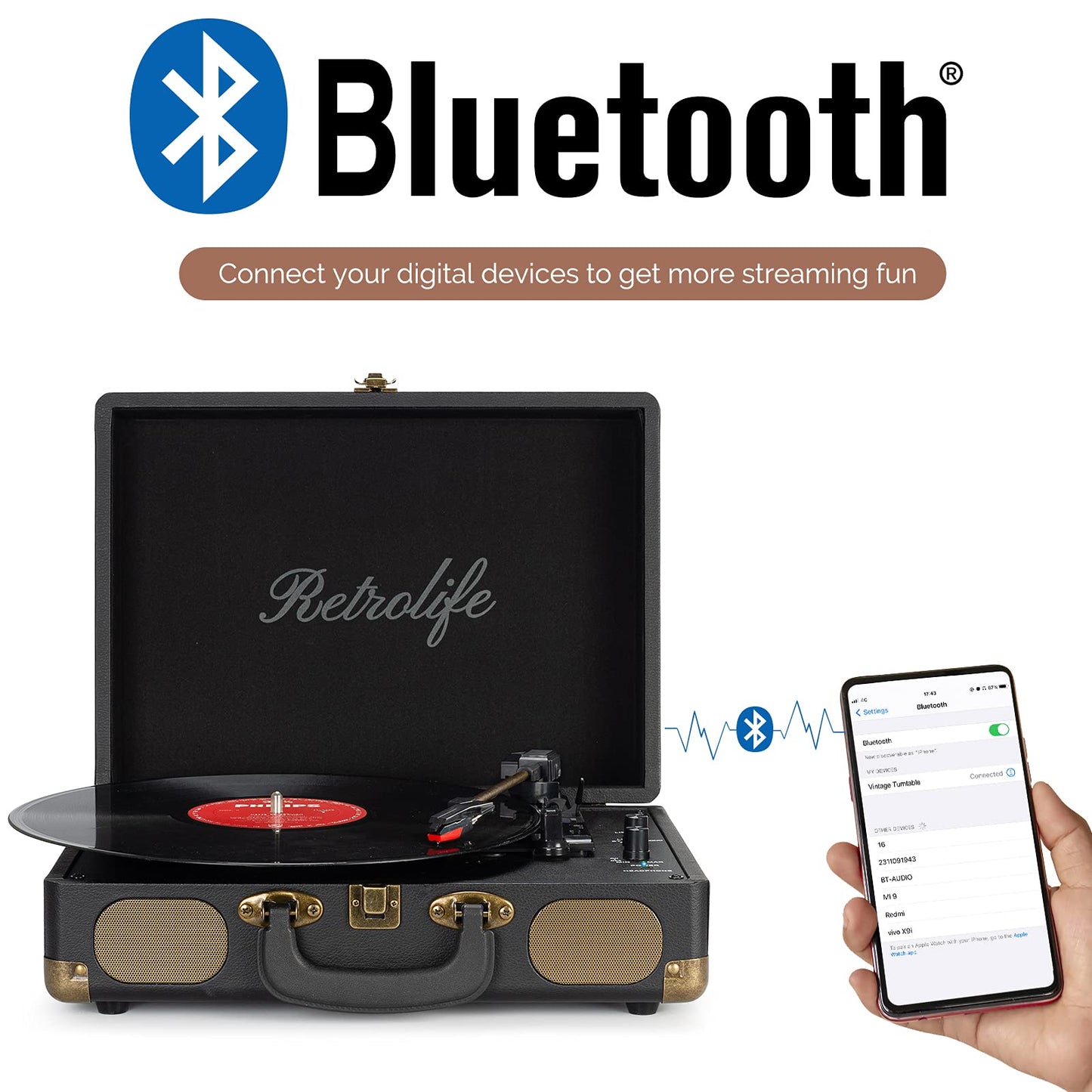 - Retrolife Vinyl Record Player | 3-Speed | Bluetooth | Suitcase Portable Belt-Driven Record Player with Built-in Speakers -