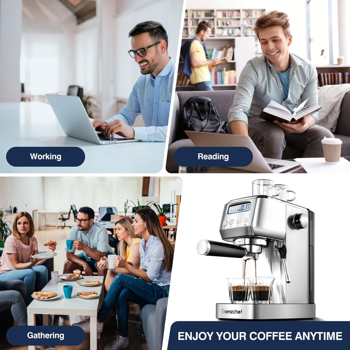 AMZCHEF 20 Bar Espresso Coffee Machines with LCD Panel and Steam Milk Frother, Compact Cappuccino and Latte Machine, All In One Coffee Machine for Home Use with 1.3L Removable Water Tank, 2 Filters