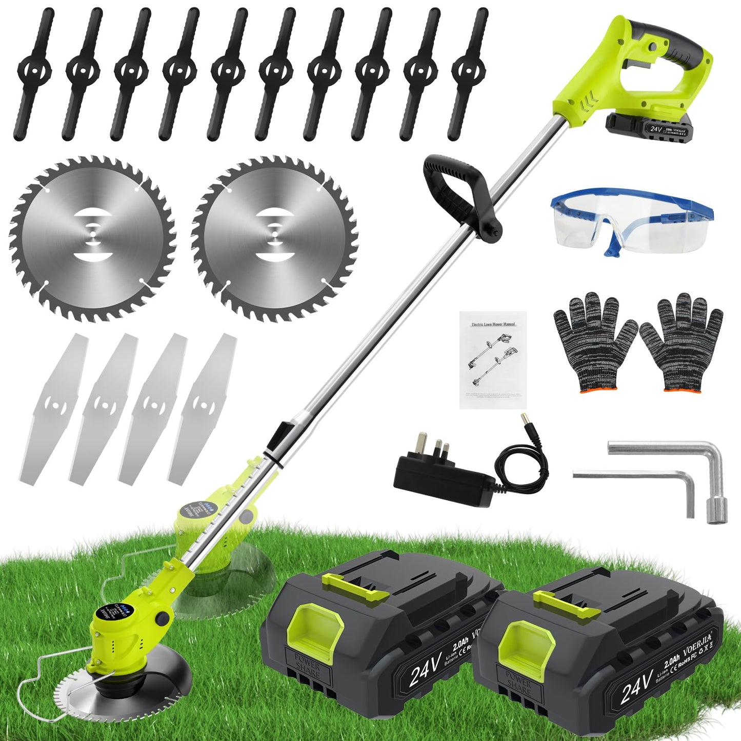 - VOERJIA 24V Metal Blade Strimmer, Telescopic Cordless Strimmer, 2x2000mAh Battery -