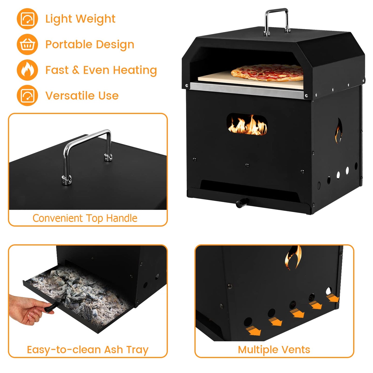 COSTWAY 4-in-1 Outdoor Pizza Oven, 2-Layer Detachable Grill Oven and Fire Pit With Pizza Stone, Pizza Peel, Cover & Cooking Grill Grate, Wood Fired Pizza Maker