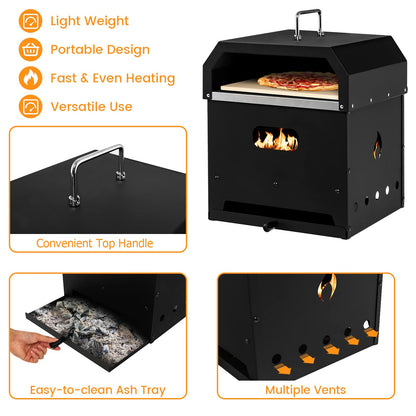 COSTWAY 4-in-1 Outdoor Pizza Oven, 2-Layer Detachable Grill Oven and Fire Pit With Pizza Stone, Pizza Peel, Cover & Cooking Grill Grate, Wood Fired Pizza Maker