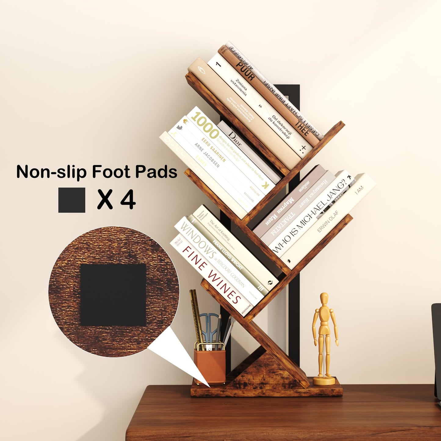 - Yusong Tree Bookshelf, 5-Tier Small Bookcase with Metal Frame, Geometric Floor Standing Books Shelves