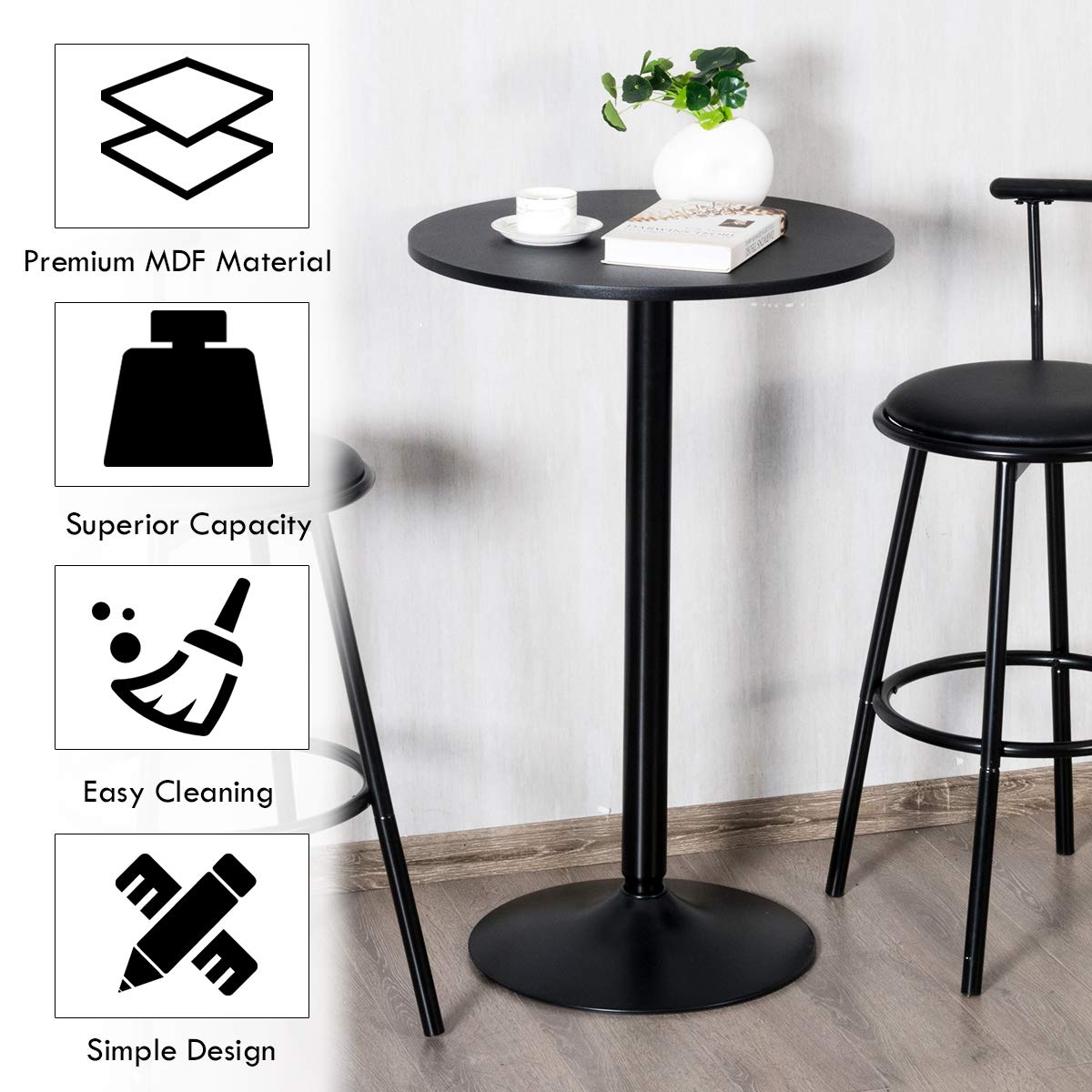 COSTWAY Round Bar Table, Counter Bistro Pub Tables with Fixed Tabletop and Stable Base, Circular Cocktail Dining Table for Home, Office and Kitchen, Holds up to 150kg (101cm H, 1PCS)