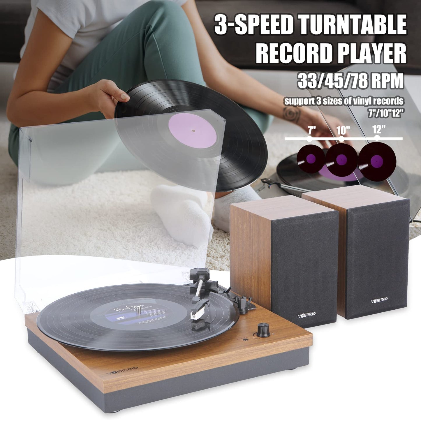 - Vosterio Bluetooth Record Player, 3-Speed Belt-Driven Turntable with Bluetooth Input& Output