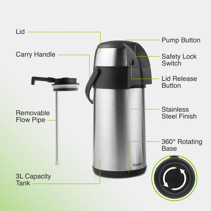 - VonShef Airpot, 3L Stainless Steel Coffee Dispenser with Vacuum Pump