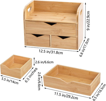 - Hacaroa 3 Tier Bamboo Desktop Organizer with 3 Drawers | Mini Tabletop Craft Box Cosmetic Storage Drawer with Handle -