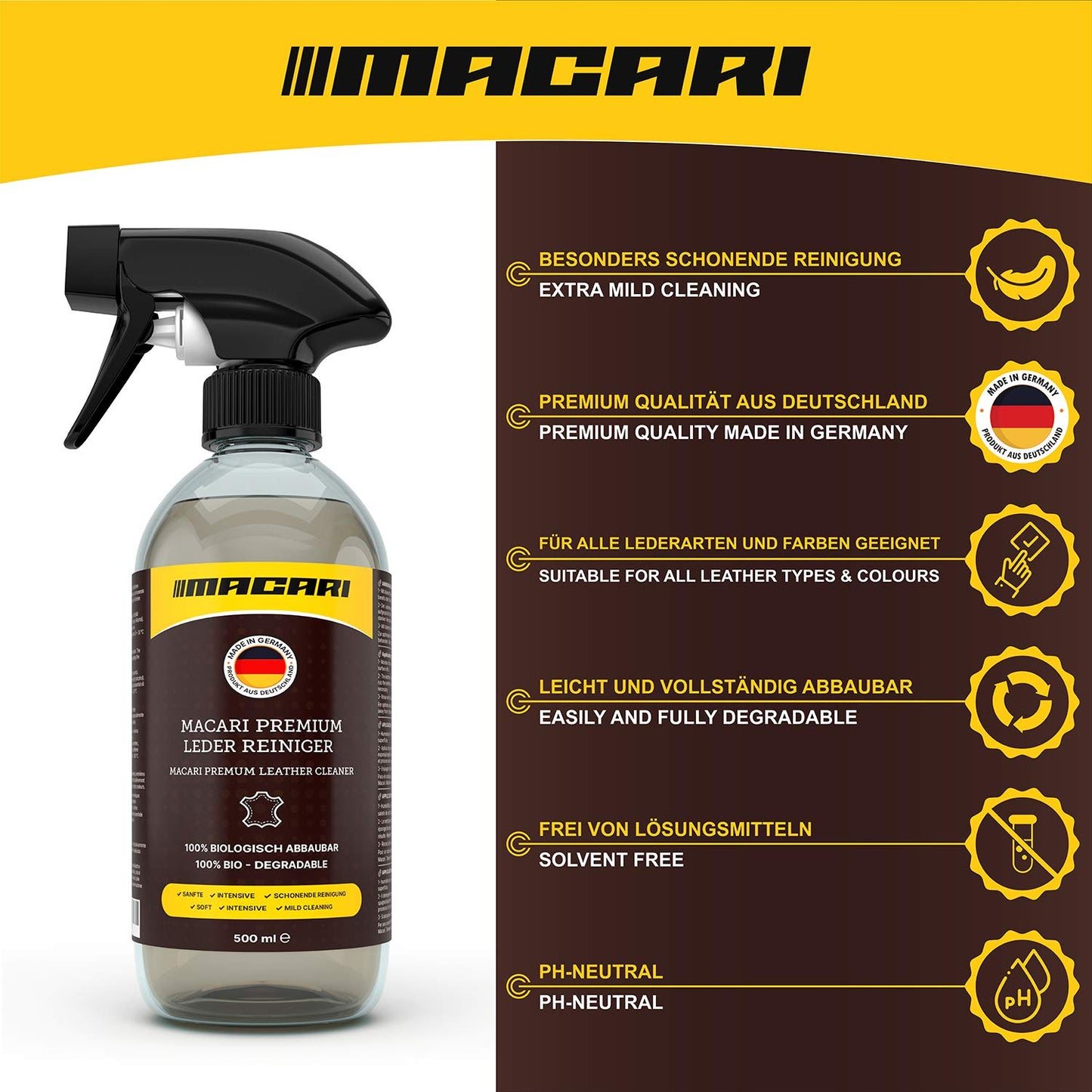 - Macari Leather Care | 500 ml Balm | 500 ml Cleaner | 2 Sponges | Leather Brush -