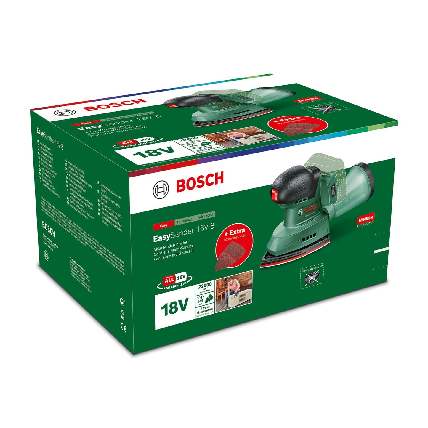 Bosch Home and Garden Cordless Multi Sander EasySander 18V-8 (Without Battery; 18 Volt System; for DIY Woodworking; 3X Sanding Sheets; 20x Sanding Papers; in Carton Packaging) – Amazon Edition