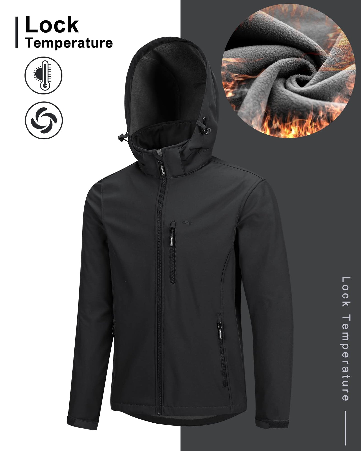 33,000ft Men's Waterproof Jackets Fleece Lining Softshell Jacket - Multi Pockets Outdoor Windproof Coat With Detachable Hood Black XL