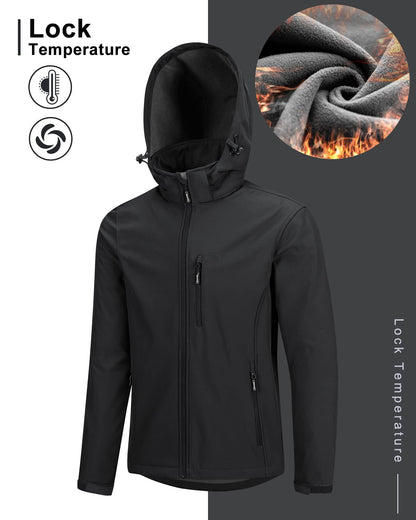 33,000ft Men's Waterproof Jackets Fleece Lining Softshell Jacket - Multi Pockets Outdoor Windproof Coat With Detachable Hood Black XL