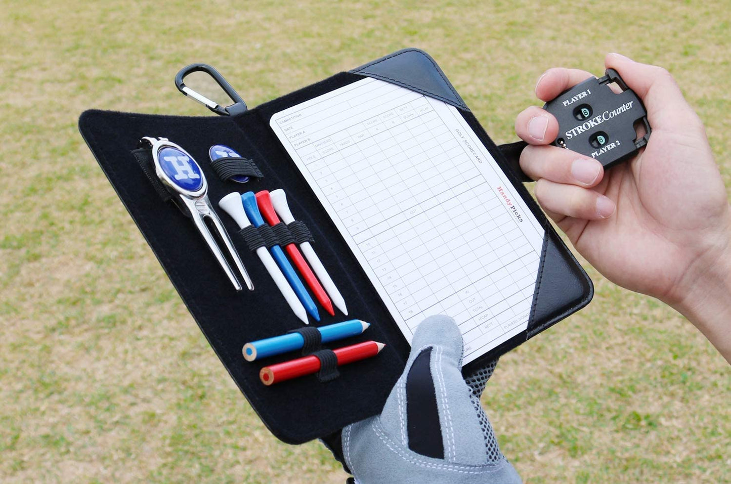 - Handy Picks Golf Scorecard Holder n Yardage Book Cover | Divot Repair Tool | Ball Marker | Golf Tees | Scorer | Pencil n Scorecards Included -