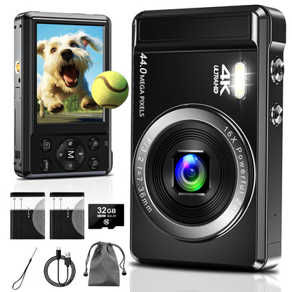 4K Digital Camera 44MP Autofocus - Compact Camera with 32G SD Card & 2 Batteries 16X Digital Zoom Portable Digital Camera for Kids Teen Students Seniors Beginner