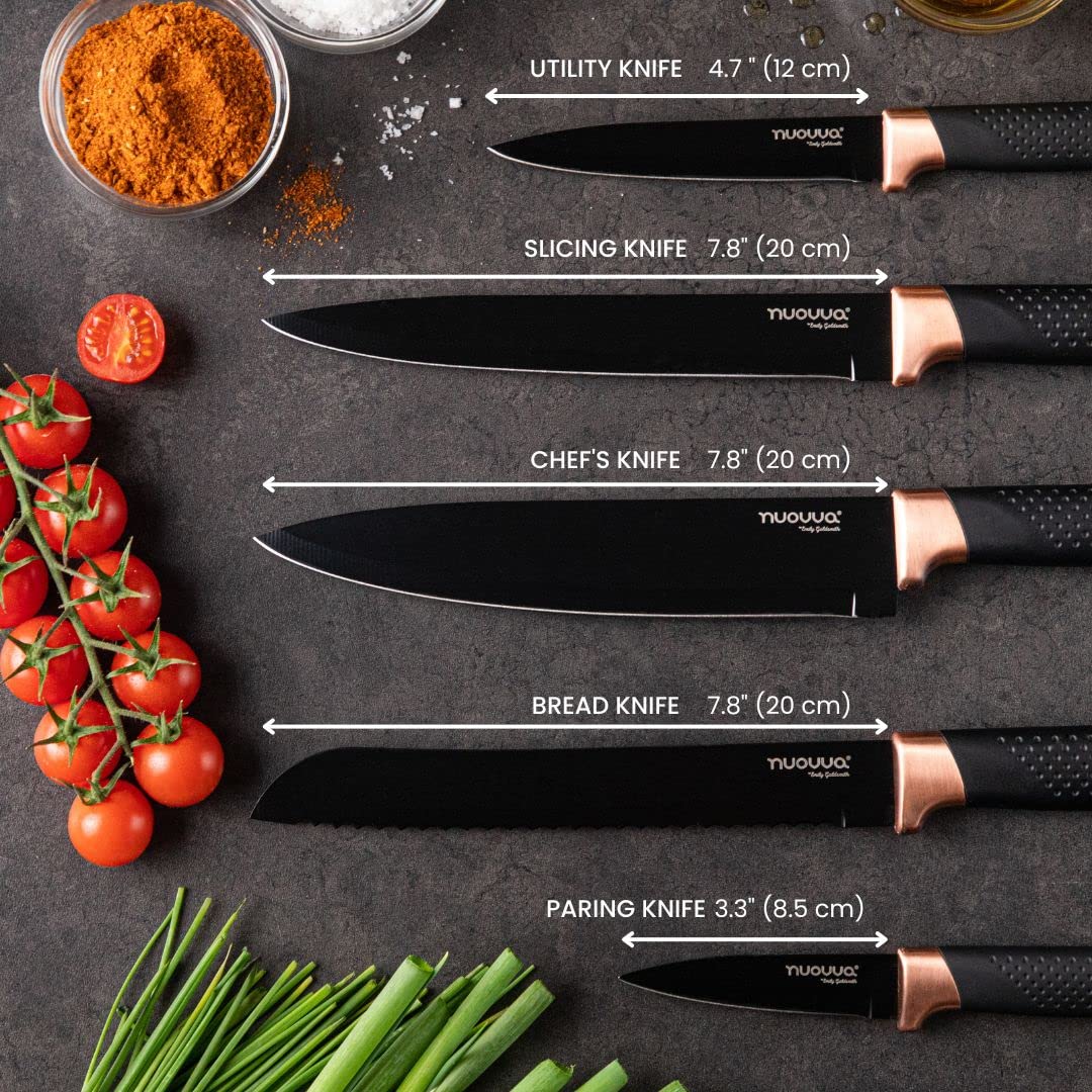 - Kitchen Knife Block Set Copper 5 Piece Set with Knives Clear Acrylic Block Stainless Steel Blades - by Nuovva
